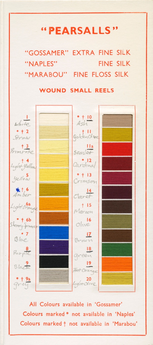 Pete Hidy wrote the color names in pencil next to the thread samples on his Pearsalls color chart.